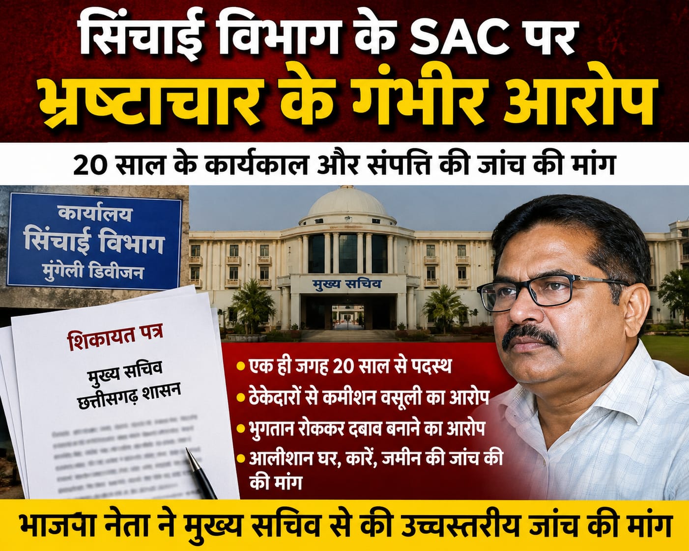 सिंचाई विभाग के अफसर पर भ्रष्टाचार के संगीन आरोप, मुख्य सचिव से हाईलेवल जांच की मांग,,शिकायत से मचा हड़कंप
