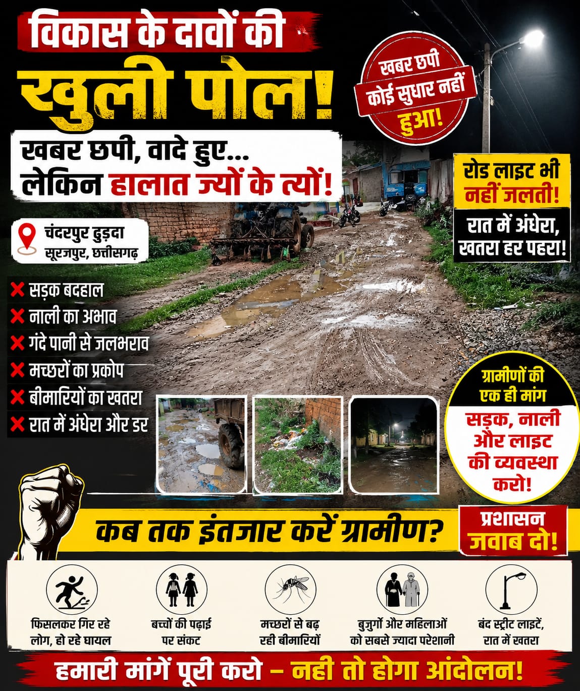 खबर छपने के बाद भी नहीं जागा प्रशासन! चंदरपुर ढुढरा की बदहाल सड़क और बंद स्ट्रीट लाइट बनी ग्रामीणों की बड़ी मुसीबत,,,,