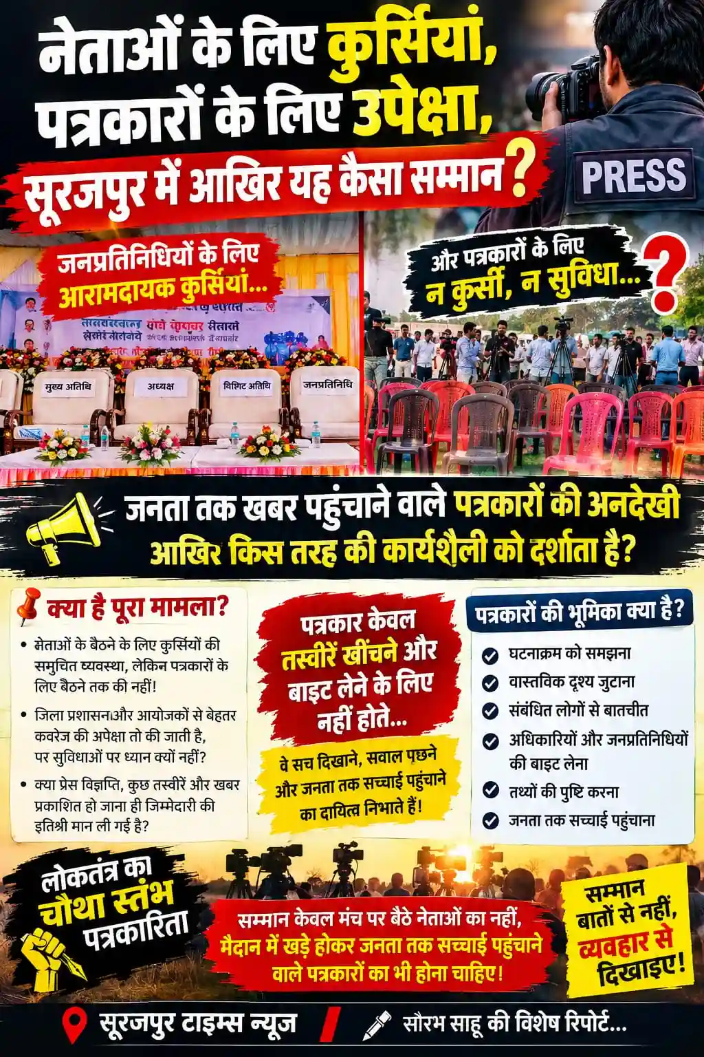 नेताओं के लिए कुर्सियां, पत्रकारों के लिए उपेक्षा, सूरजपुर में आखिर यह कैसा सम्मान?