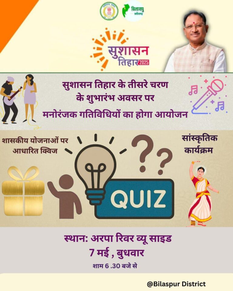 सुशासन तिहार के तीसरे चरण के शुभारंभ पर क्विज-प्रश्नोत्तरी प्रतियोगिता 07 मई को,अरपा रिवर व्यू में शाम 6.30 बजे शुरू होगी स्पर्धा, मनोरंजक खेल और सांस्कृतिक गतिविधियों का होगा आयोजन