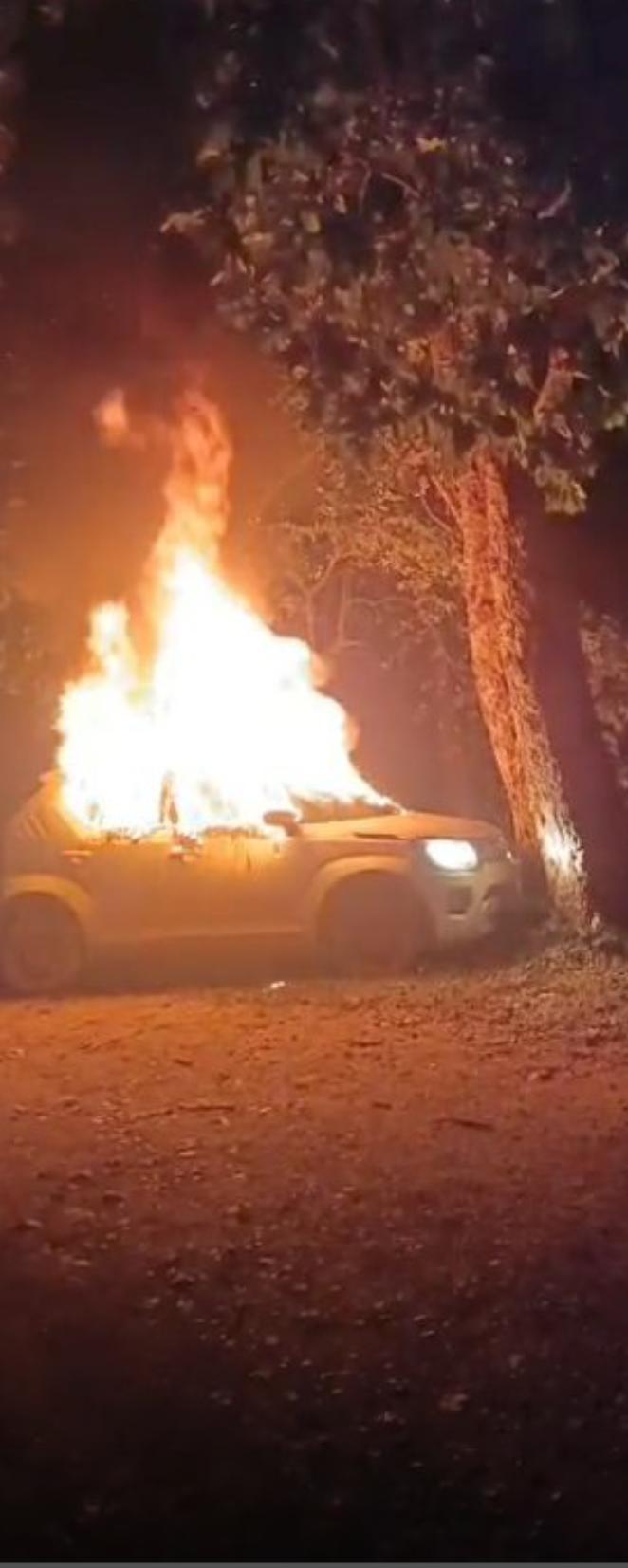 तेज रफ्तार कार पेड़ से टकराई, जलती गाड़ी से कूदकर बचाए दो युवक — बड़ा हादसा टला