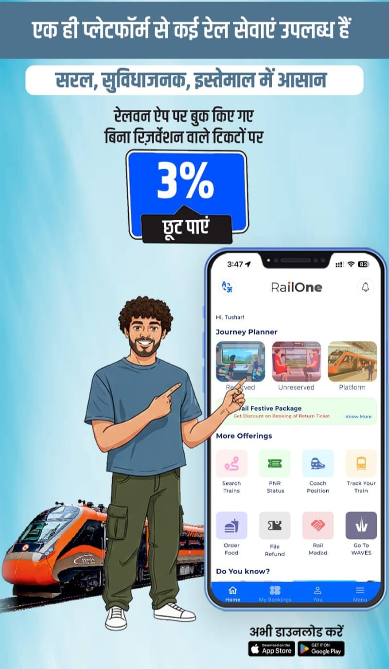 रेलवन ऐप से अनारक्षित टिकट बुकिंग हुई और भी किफायती , 14 जनवरी से रेलवन ऐप से अनारक्षित टिकटों के डिजिटल भुगतान पर 3% तक की मिल रही है छूट