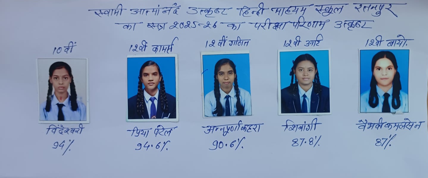 स्वामी आत्मानंद उत्कृष्ट हिन्दी माध्यम स्कूल, रतनपुर का परीक्षा परिणाम 2025-26 उत्कृष्ट प्रदर्शन